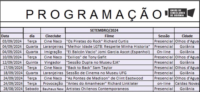 Programação dos Cineclubes de Setembro de 2024