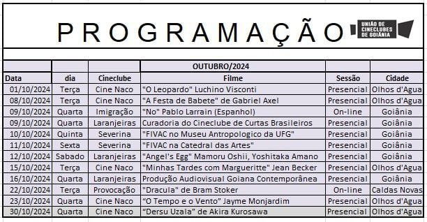 Programação dos Cineclubes de Outubro de 2024