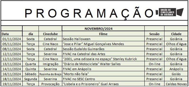 Programação dos Cineclubes de Novembro de 2024