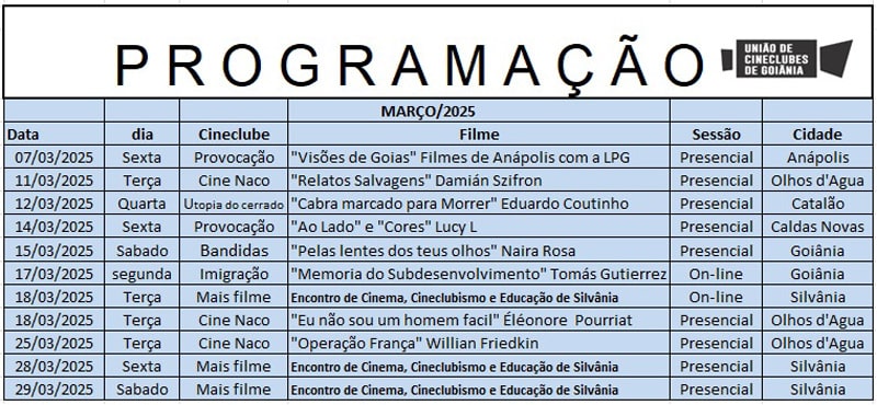 Programação dos Cineclubes em Março de 2025